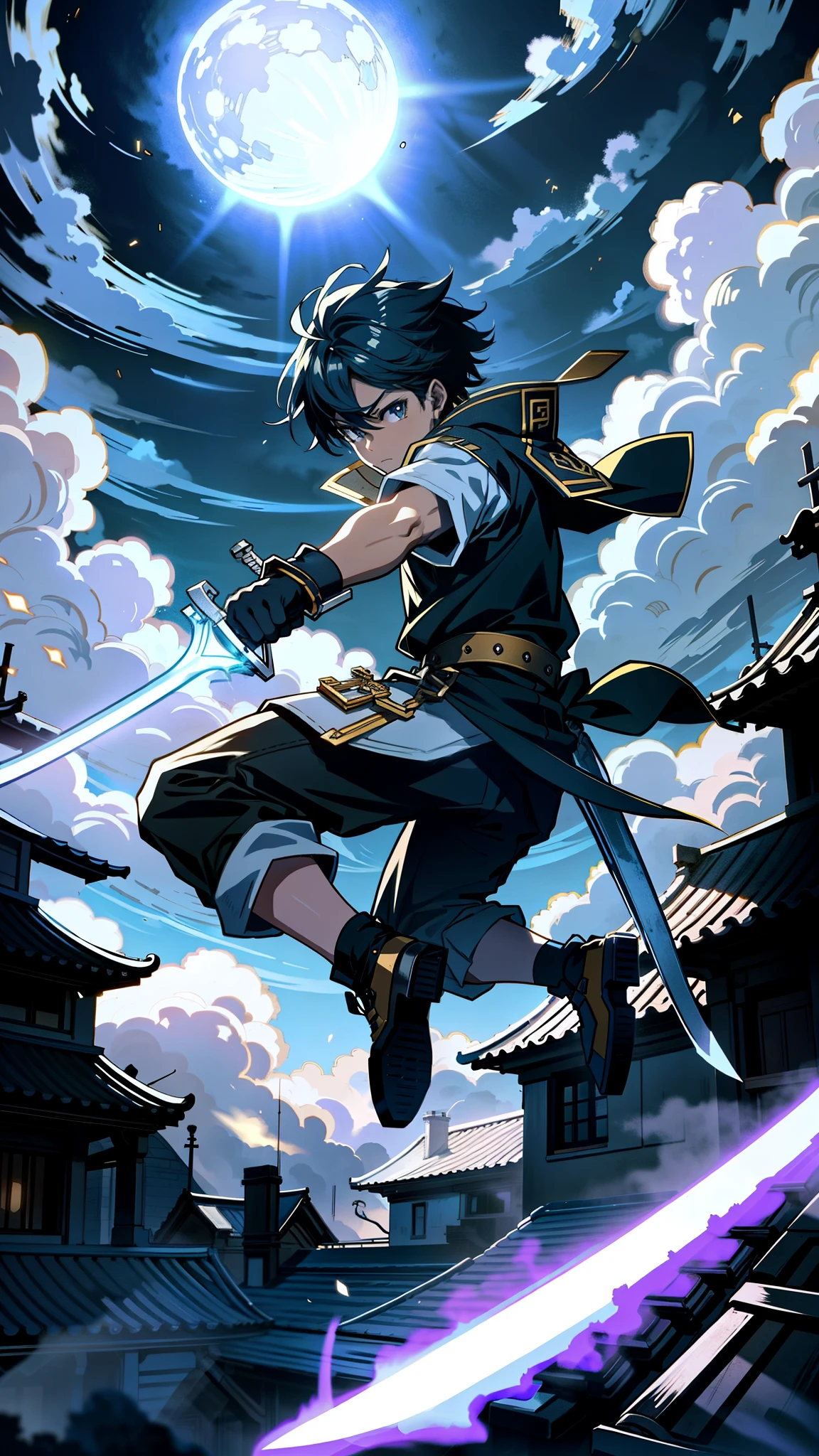 boy warrior wielding a gleaming sword, leaping across the rooftops under the radiant light of a full moon, casting dynamic shadows in the night, intense, dramatic, high contrast, abasterpiece)), ((best quality)), ultra detailed,((illustration)), dynamic angle, detailed light, (delicate eyes), (ahoge:0.8),apathy, ray，frontage，style of anime4 k， 4k anime wallpaper， badass anime 8 k， 4 k comic wallpaper