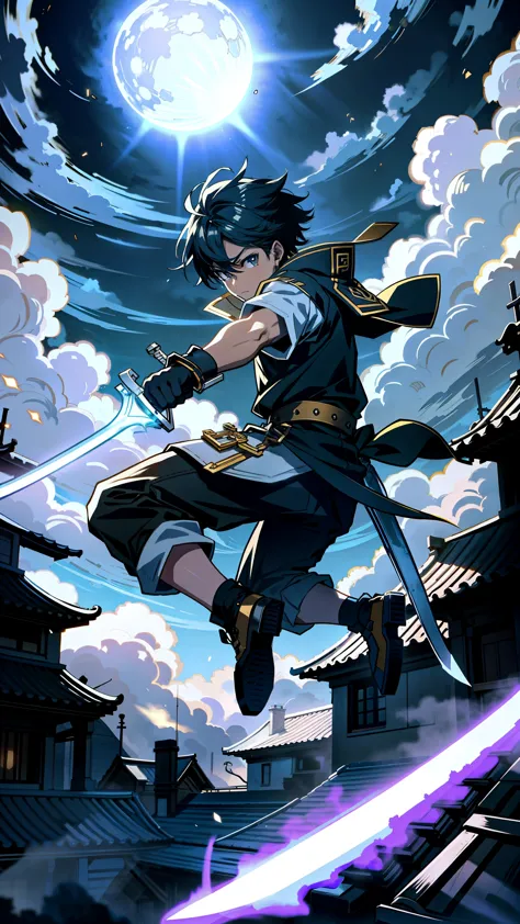 boy warrior wielding a gleaming sword, leaping across the rooftops under the radiant light of a full moon, casting dynamic shado...