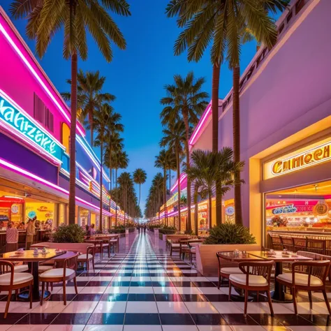 Create a realistic liminale space, vintage 80's shopping mall, neon, a restaurant of pizza, with some decorative palm trees, che...