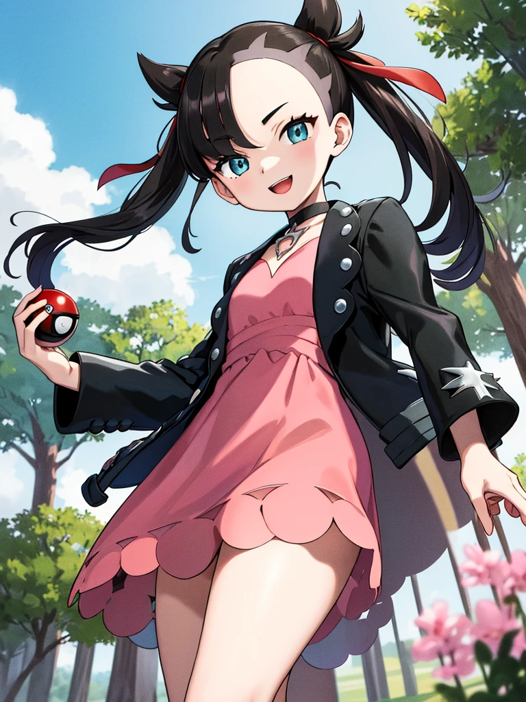 masterpiece, best quality, highres, marnie, aqua eyes, black choker, red ribbon, pink dress, jewelry, black jacket, open clothes, long sleeves, cowboy shot, standing,  Forest, holding poke ball, poke ball \(basic\), smile, open mouth,