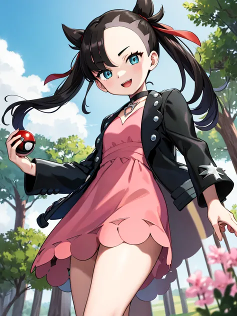 masterpiece, best quality, highres, marnie, aqua eyes, black choker, red ribbon, pink dress, jewelry, black jacket, open clothes...
