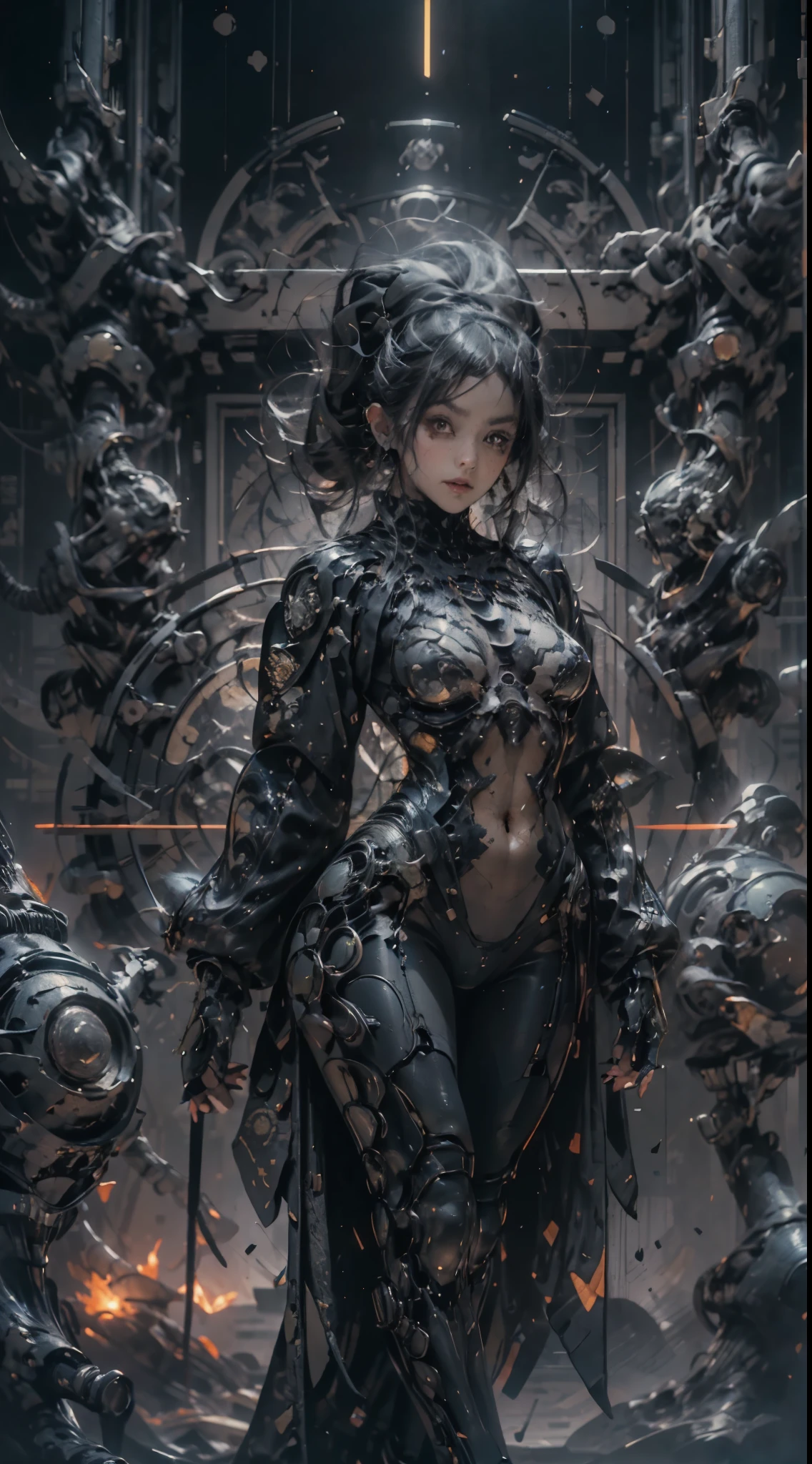 fisheye photo, 1cute girl with techwear clothes, mechanic spider, circles, fractals, 32k, uhd, 4x ultra sharp, cinematic, (art with black outline) by Yoshitaka Amano, Travis Charest