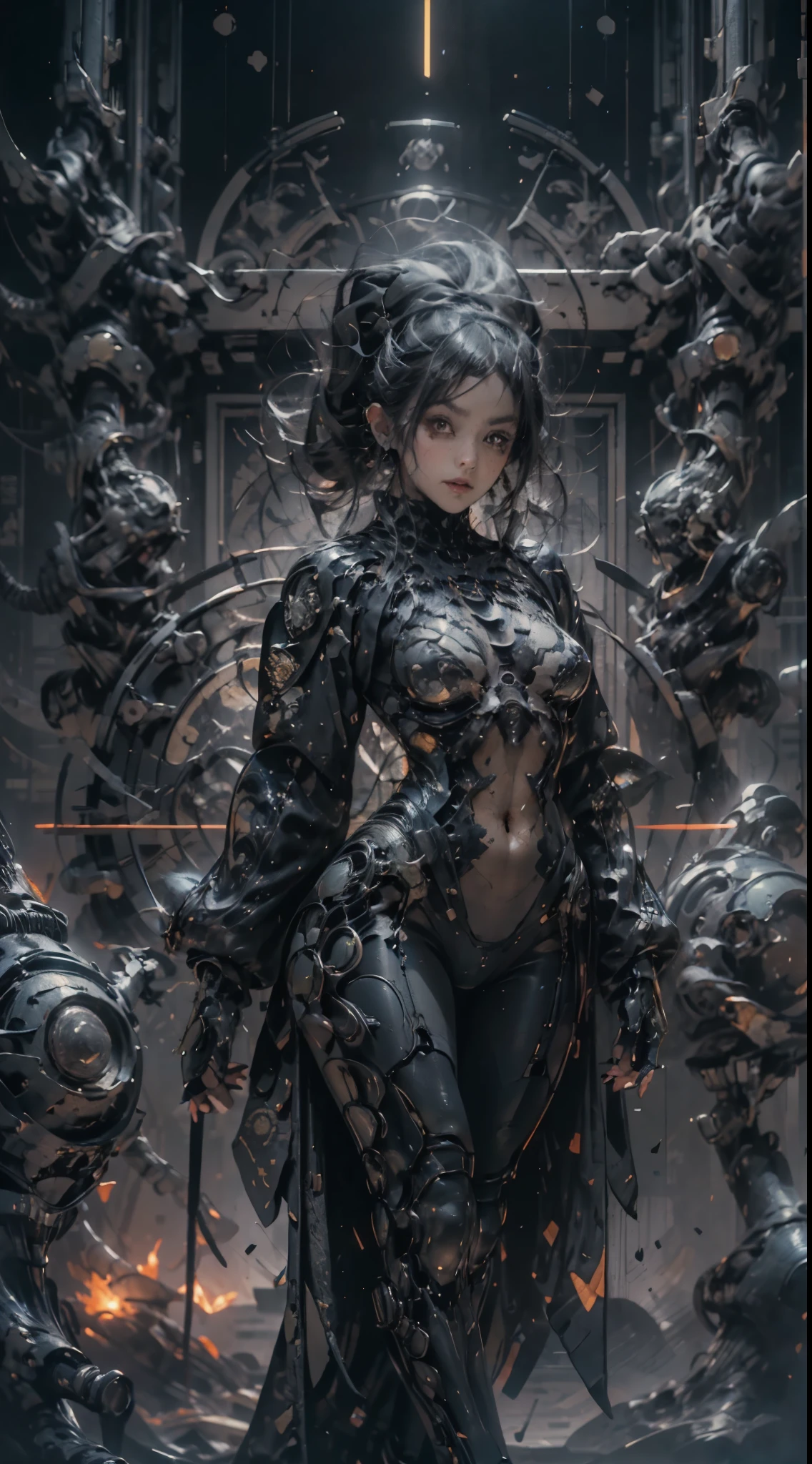 photo fish-eye, 1 jolie fille avec des vêtements techwear, araignée mécanique, cercles, fractales, 32k, UHD, 4x ultra net, cinématique, (art avec contour noir) Par Yoshitaka Amano, Travis Charest