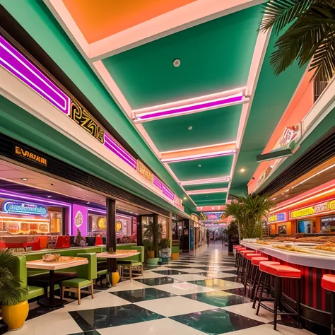 Create a realistic liminale space, vintage 80's shopping mall, neon, a restaurant of pizza, with some decorative palm trees, che...