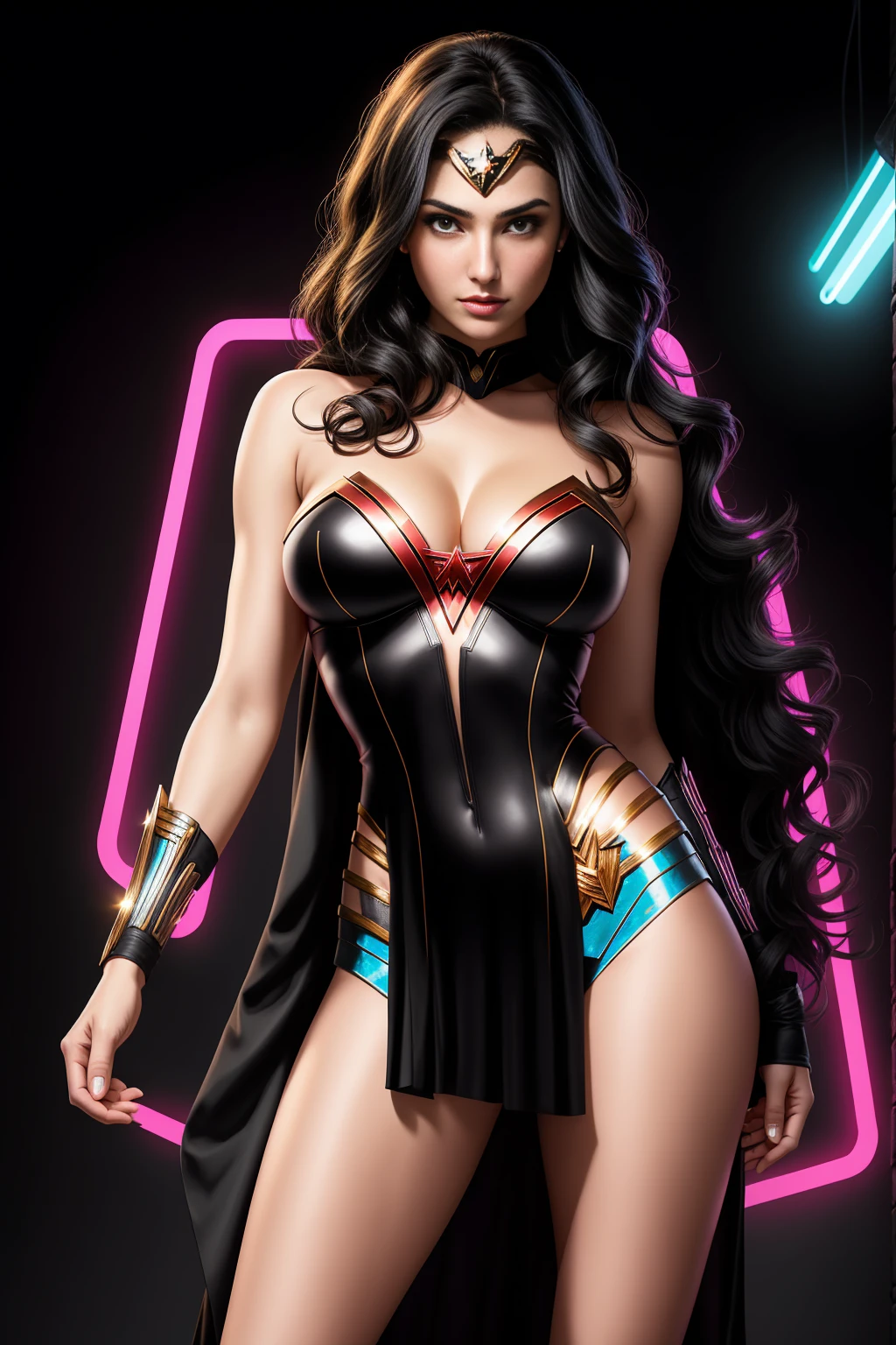 There IS GAL GADOT AS WONDER WOMAN standing, long hair, 3 d neon art of a  woman - SeaArt AI