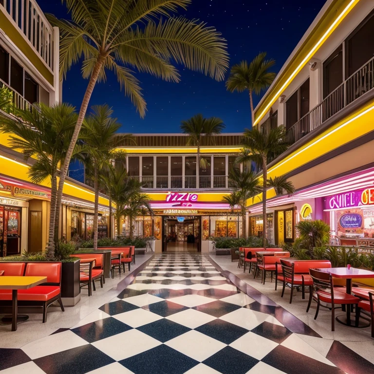 Create a realistic liminale space, vintage 80's shopping mall, neon, a restaurant of pizza, with some decorative palm trees, checkerboard tiles floor, without someone, show the nostalgia and the ephemeral life