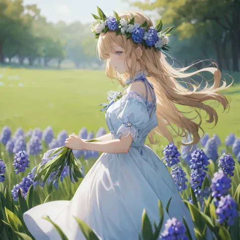 anime girl in a blue dress walking through a field of flowers, beautiful anime art, beautiful anime girl, beautiful anime, crown...