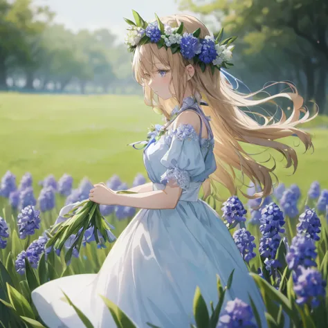 anime girl in a blue dress walking through a field of flowers, beautiful anime art, beautiful anime girl, beautiful anime, crown...