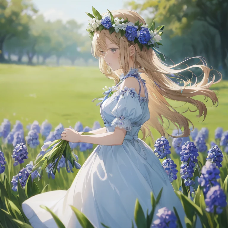 anime girl in a blue dress walking through a field of flowers, beautiful anime art, beautiful anime girl, beautiful anime, crown of blue flowers, beautiful anime artwork, violet evergarden, beautiful maiden, beautiful anime portrait, blue flower field, in a field of flowers,  in dress, anime visual of a cute girl, queen of flowers, beautiful fantasy anime