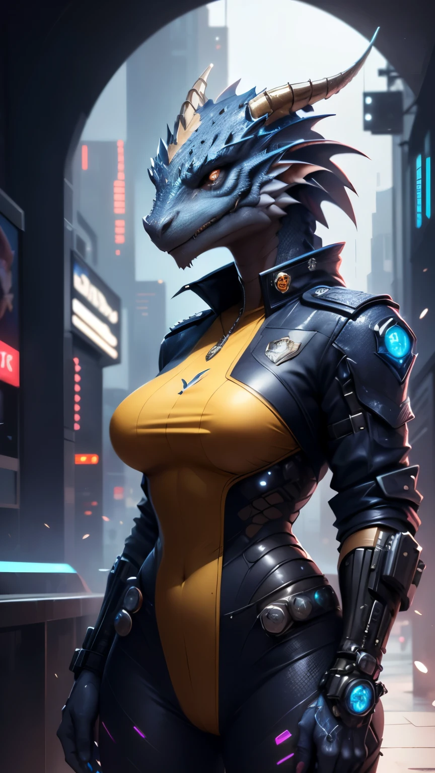 (best quality,highres,ultra-detailed:1.2),cyberpunk,female anthropomorphic dragon, detailed and sexy female dragonborn face,futuristic police officer,sleek complete and futuristic police uniform,detailed facial features,cowboy shot