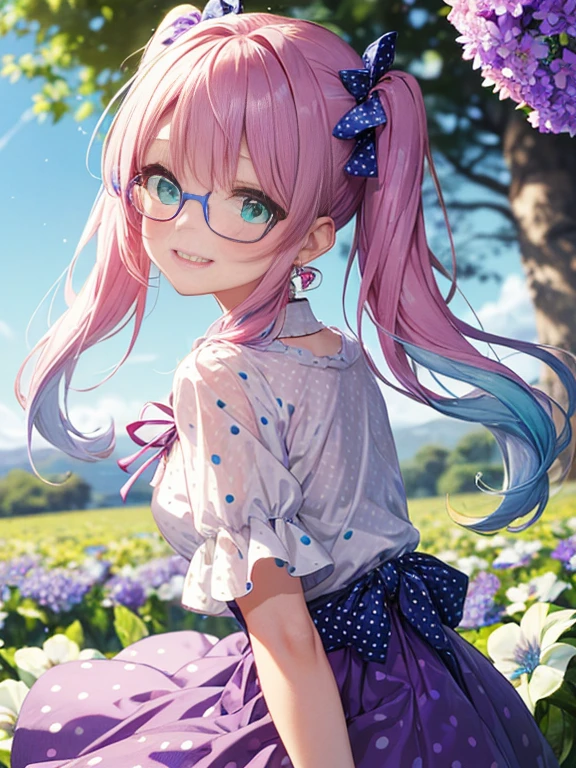 Glasses、小さなgirl、The arrival of spring、big butt、 (alone:1.5,)Super detailed,bright colors, very beautiful detailed anime face and eyes, look straight, ;shiny_skin,girl, ((gradient hair, , Half white、half pink hair: 1.2)） 、forehead is exposed.、green eyes、shiny hair, delicate beautiful face, blush、(turquoise eyes), White skin, Valletta, earrings,、blue flower field、((ribbon、(Floral、blouse、polka dots、purple skirt)))、twin tails、smile、happy face、face dyed red