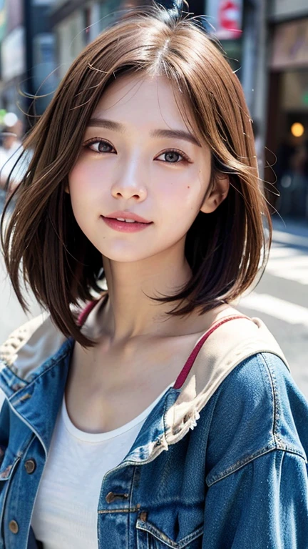 (((Shoulder-length straight brown hair mini bob)))、(((Narrow eyes, light eye makeup)))、(((standing alone on the rider&#39;Jacket and denim against the backdrop of the alleys of Kabukicho at night.)))、(((Please come wearing clothes that cover your arms.)))、Half Japanese and Korean、18 year old girl、independent、facing forward、light eye makeup、brown hair color、flat 、hair blowing in the wind、quality of actress、shiny, super realistic face、Smile expression、Moist eyes、look up、Calming lighting effects、 ultra-realistic capture、very detailed、High resolution 16K close-up of human skin。Skin texture must be natural、Must be so detailed that pores are visible、skin is healthy、Must be an even tone、Use natural light and color、High quality photos taken by a modeling agency&#39;Exclusive photographer、smile
