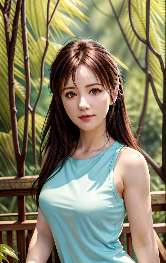 arm at side, portrait, close, looking at camera, highest quality, Upper body, shirt, Woman in the forest, Erica Campbell, nikon d850 film stock photo 4 kodak 400 camera f1.6 Lens Rich Color Ultra Realistic Realistic Texture Natural Light Art Station Cine Still 800 Trending, (100mm lens), long hair