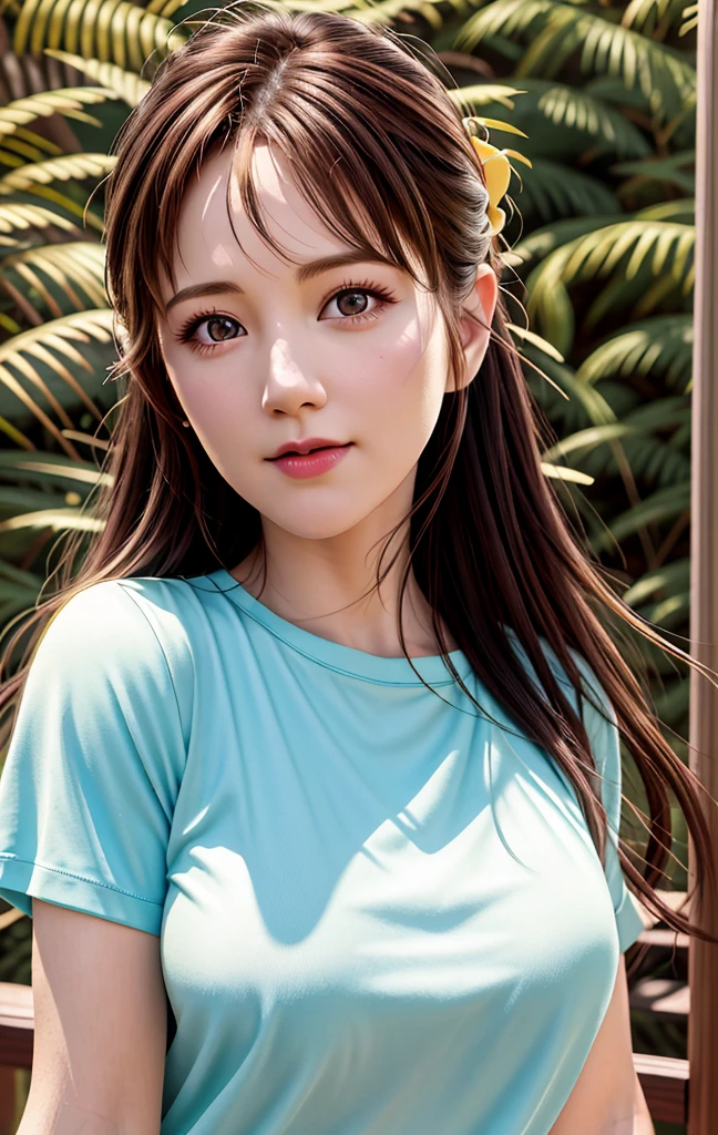 arm at side, portrait, close, looking at camera, highest quality, Upper body, shirt, Woman in the forest, Erica Campbell, nikon d850 film stock photo 4 kodak 400 camera f1.6 Lens Rich Color Ultra Realistic Realistic Texture Natural Light Art Station Cine Still 800 Trending, (100mm lens), long hair