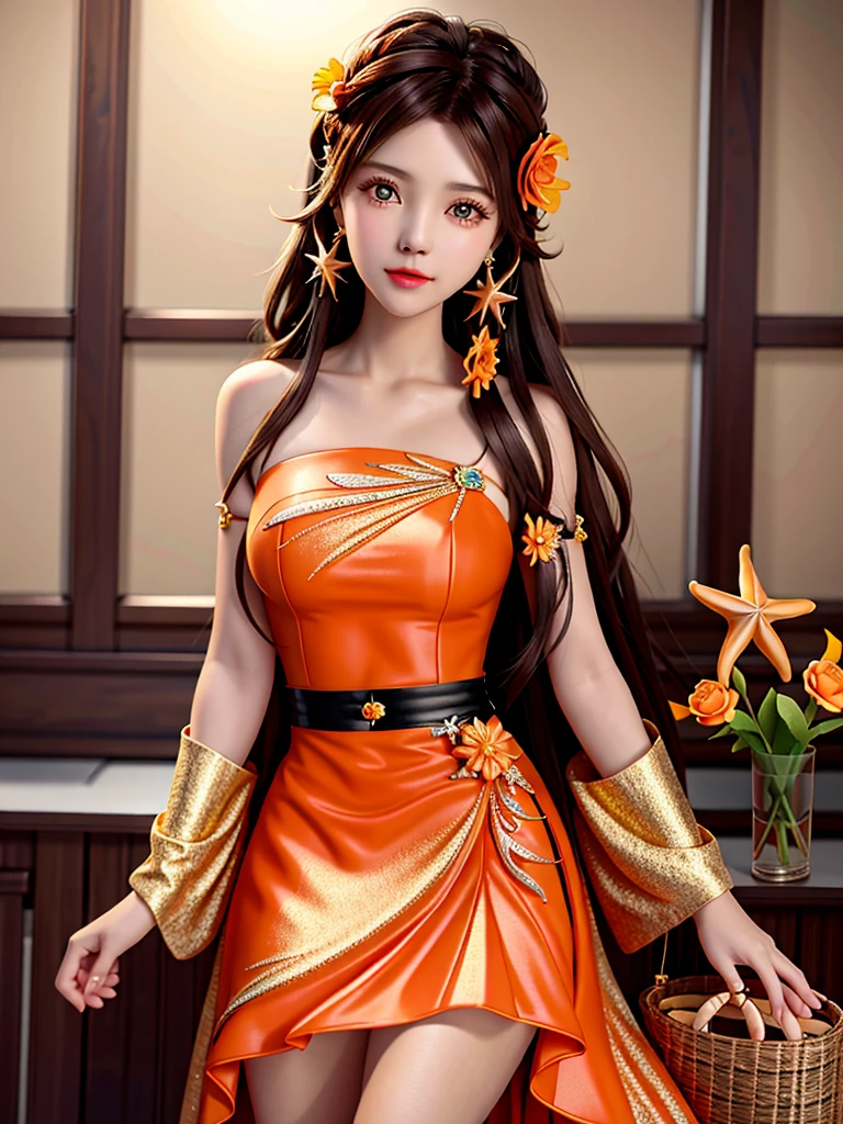 disorganized, High resolution, super detailed, 1 girl, alone, very fine eyes, starfish, seashell, shell, flower, have, hair ornaments, jewelry, straw have, looking at the viewer, sunglasses, have flower, straw, hair clip, earrings, red flower, tinted glasses, yellow flower, bangs, english text, colorful hair, orange flower, black hair, ring, cup, long hair, orange-tinted glasses, food, brown hair, portrait, shell hair ornaments