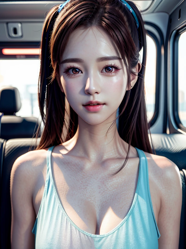 (best quality,4k,8k,highres,masterpiece:1.2),ultra-detailed,(realistic,photorealistic,photo-realistic:1.37),beautiful Korean pop star female photo,uneven twin tails,natural makeup,medium-sized breast,size,a slight smile,colorful t-shirt,on the bus,clear facial features with sharp and realistic details,Sony FE,35mm,movie-like lighting,advanced details,UHD,high quality,HD,8K,16K