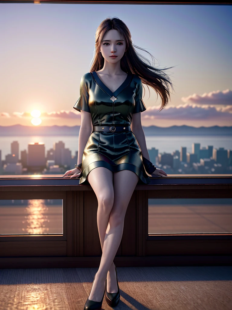 (8K, Raw photo, highest quality, masterpiece:1.2),(realistic, photo-realistic:1.37), ((highest quality)), ultra high resolution,extremely detailed CG unity 8K wallpaper, Physically based rendering,cinematic lighting,full body, (Bokeh:1.4), (1 girl), sit, watch the sunset, warm sunset, beautiful sky, cloudy, airplane trajectory, view from a distance, from below