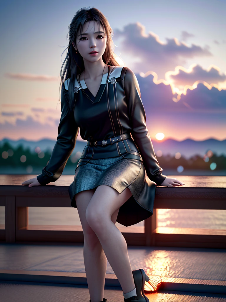 (8K, Raw photo, highest quality, masterpiece:1.2),(realistic, photo-realistic:1.37), ((highest quality)), ultra high resolution,extremely detailed CG unity 8K wallpaper, Physically based rendering,cinematic lighting,full body, (Bokeh:1.4), (1 girl), sit, watch the sunset, warm sunset, beautiful sky, cloudy, airplane trajectory, view from a distance, from below