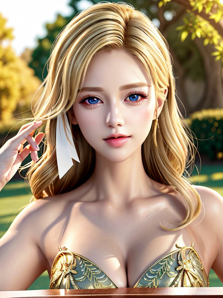 (table top:1.2), (highest quality:1.2), perfect eyes, perfect face, perfect lighting, 1 girl, mature woman in the field, medium blonde hair, curly hair, fine clothes, detailed outdoor background, compensate, eye shadow, thick eyelashes, moist lips, fantasy, looking at the viewer, spring