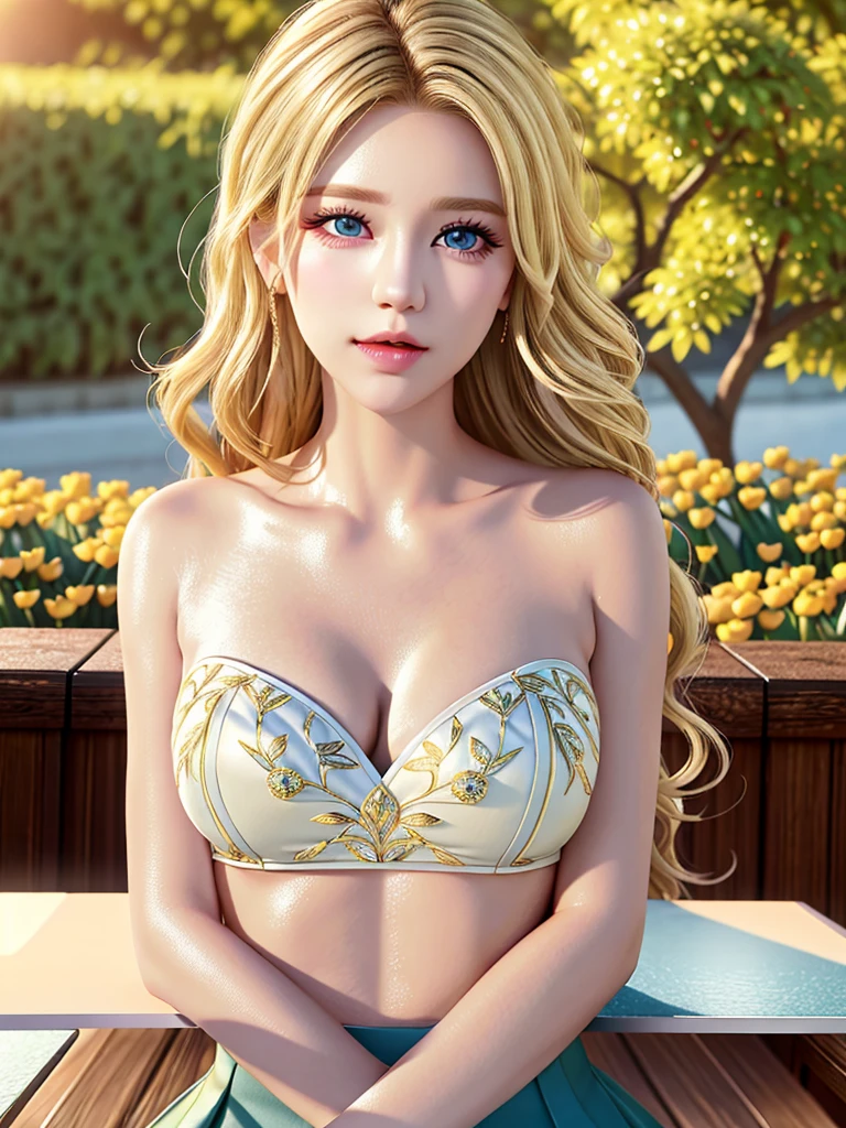 (table top:1.2), (highest quality:1.2), perfect eyes, perfect face, perfect lighting, 1 girl, mature woman in the field, medium blonde hair, curly hair, fine clothes, detailed outdoor background, compensate, eye shadow, thick eyelashes, moist lips, fantasy, looking at the viewer, spring