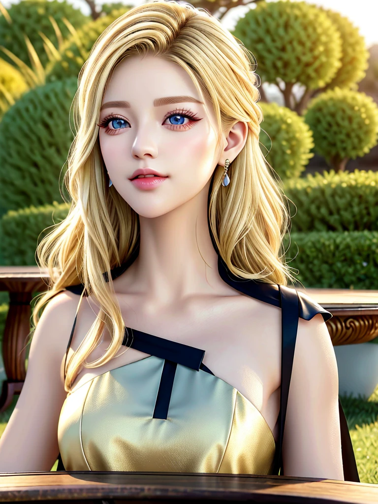 (table top:1.2), (highest quality:1.2), perfect eyes, perfect face, perfect lighting, 1 girl, mature woman in the field, medium blonde hair, curly hair, fine clothes, detailed outdoor background, compensate, eye shadow, thick eyelashes, moist lips, fantasy, looking at the viewer, spring