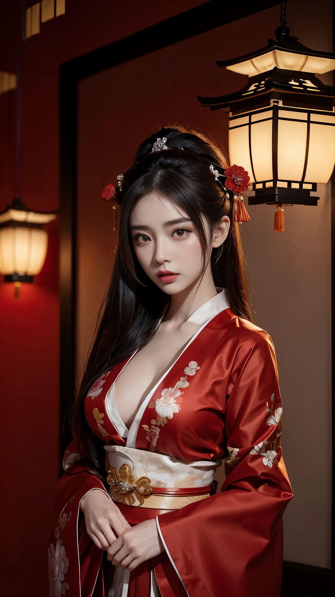(highest quality、8k、16k、masterpiece、Realistic、Super detailed、Beautiful in every detail、ray tracing)、photograph、
BREAK、Naked araf female, kimono sash wrapped around her body, Chinese style, red and cinematic lighting, cyberpunk geisha, red glow, glamorous and sexy geisha, red decorations, Chinese woman in red china dress, red mood in background, Chinese girl, beautiful geisha, inspired by Gong Xian, red decorations, nearly half price kimono, in Japanese room.