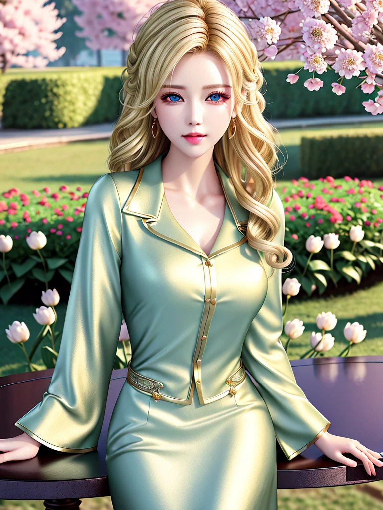 (table top:1.2), (highest quality:1.2), perfect eyes, perfect face, perfect lighting, 1 girl, mature woman in the field, medium blonde hair, curly hair, fine clothes, detailed outdoor background, compensate, eye shadow, thick eyelashes, moist lips, fantasy, looking at the viewer, spring