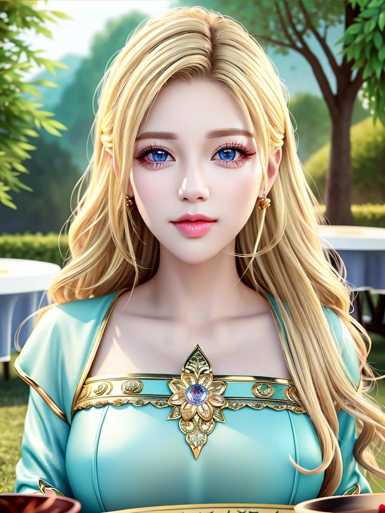 (table top:1.2), (highest quality:1.2), perfect eyes, perfect face, perfect lighting, 1 girl, mature woman in the field, medium blonde hair, curly hair, fine clothes, detailed outdoor background, compensate, eye shadow, thick eyelashes, moist lips, fantasy, looking at the viewer, spring