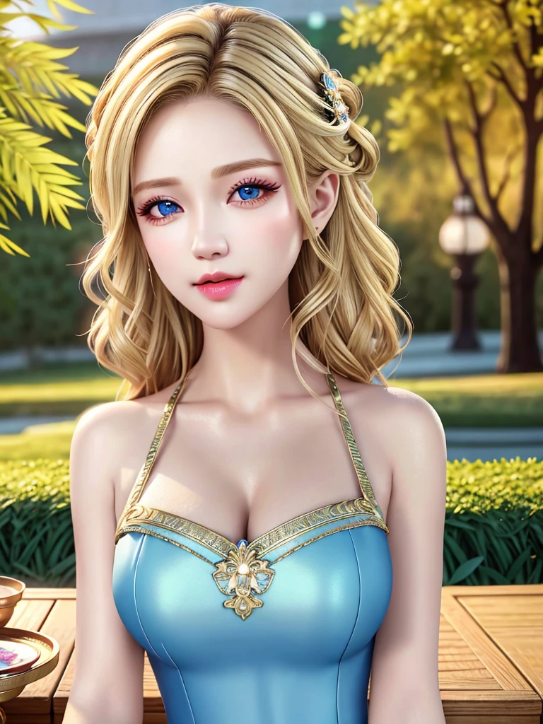 (table top:1.2), (highest quality:1.2), perfect eyes, perfect face, perfect lighting, 1 girl, mature woman in the field, medium blonde hair, curly hair, fine clothes, detailed outdoor background, compensate, eye shadow, thick eyelashes, moist lips, fantasy, looking at the viewer, spring