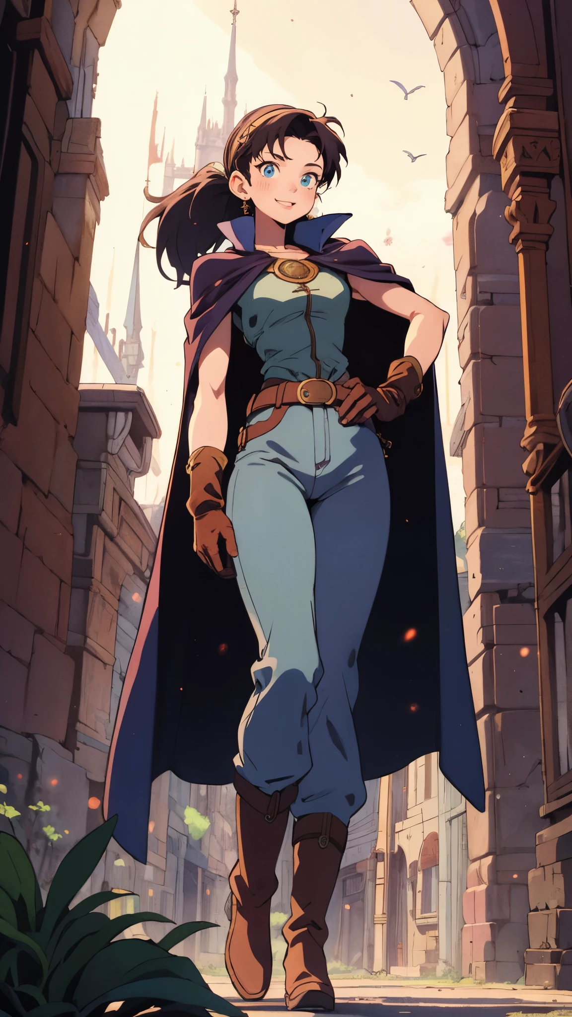 A woman in a cape and boots walking down a street SeaArt AI