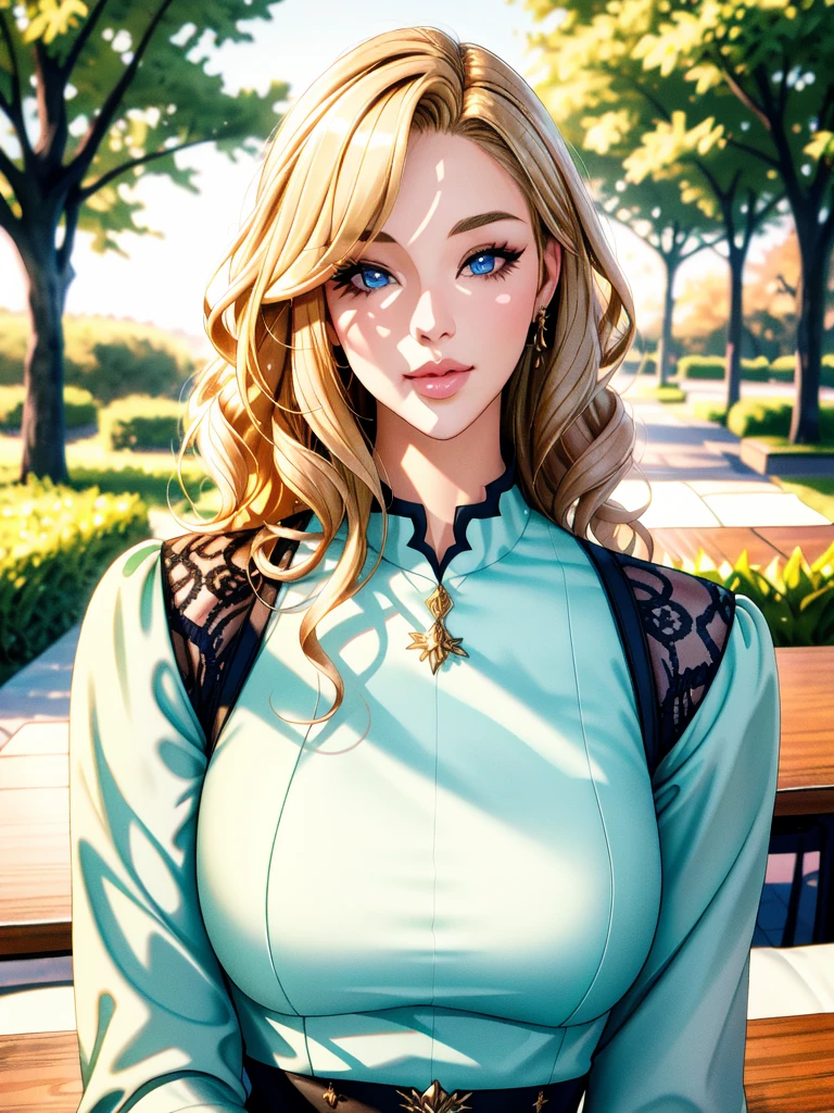 (table top:1.2), (highest quality:1.2), perfect eyes, perfect face, perfect lighting, 1 girl, mature woman in the field, medium blonde hair, curly hair, fine clothes, detailed outdoor background, compensate, eye shadow, thick eyelashes, moist lips, fantasy, looking at the viewer, spring