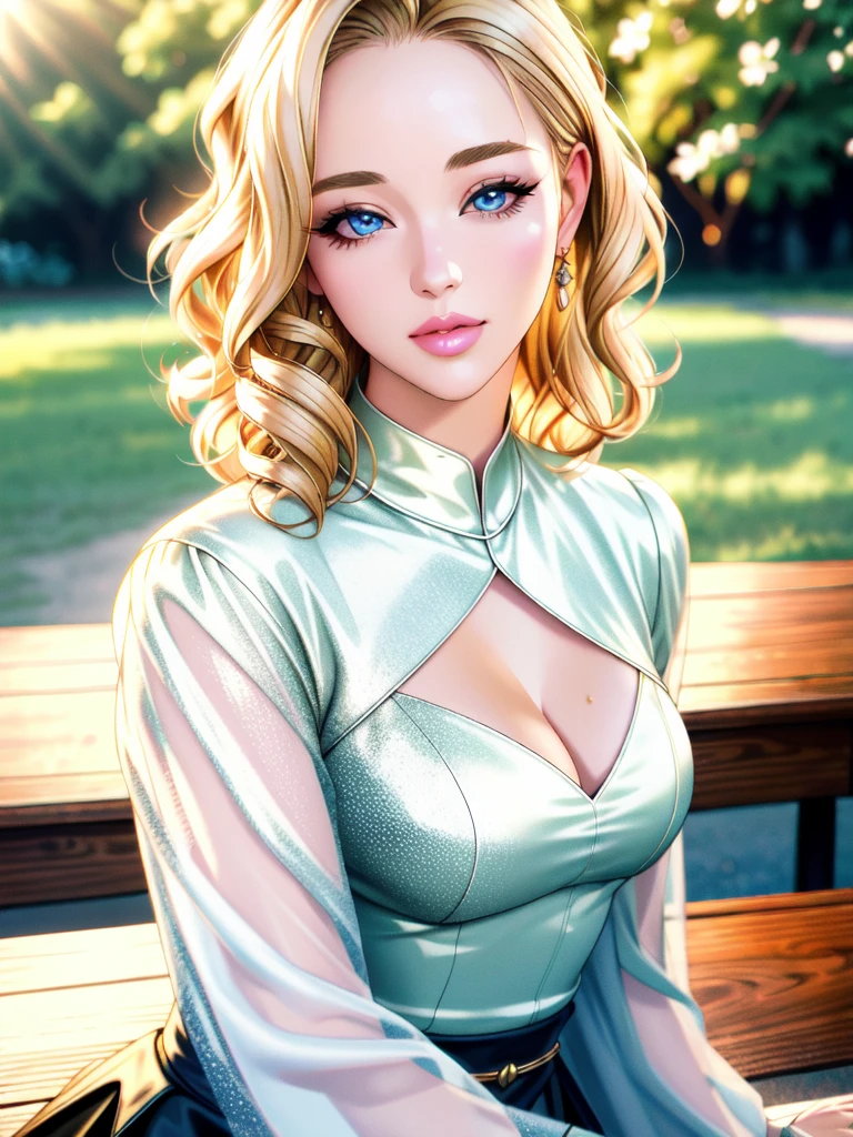 (table top:1.2), (highest quality:1.2), perfect eyes, perfect face, perfect lighting, 1 girl, mature woman in the field, medium blonde hair, curly hair, fine clothes, detailed outdoor background, compensate, eye shadow, thick eyelashes, moist lips, fantasy, looking at the viewer, spring