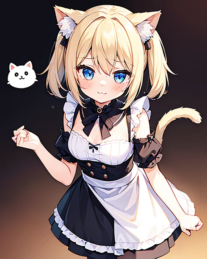 (girl1:1.5), break, UHD, ccurate, anatomically correct, super detail, award winning, best quality, 8k,blonde,Cat ear,short hair:3,Very cute,Are standing,white background,Lots of white space,Maid clothes,