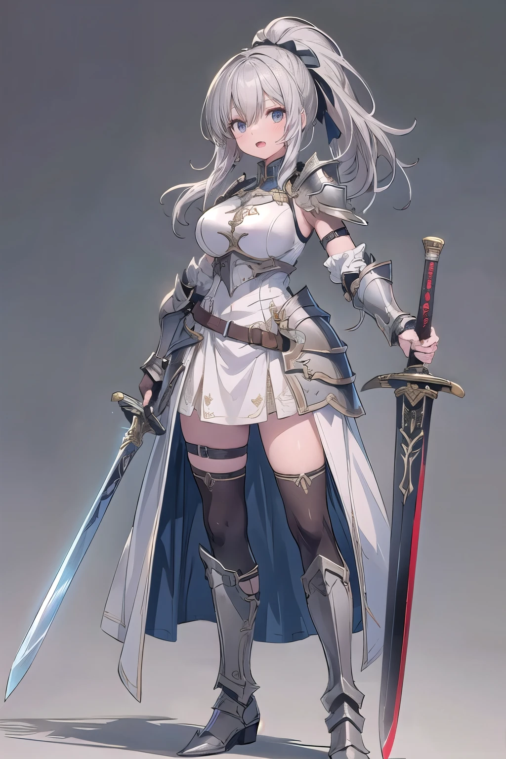 1girl, armor, weapon, sword, holding, solo, breastplate, holding-weapon, ((long-hair) 1:1), ponytail, grey-hair, holding-sword, open-mouth, fingerless-gloves, shoulder-armor, gloves, dress, boots, standing, helmet, armored-boots, white-dress, ((big breasts) 1:1)
