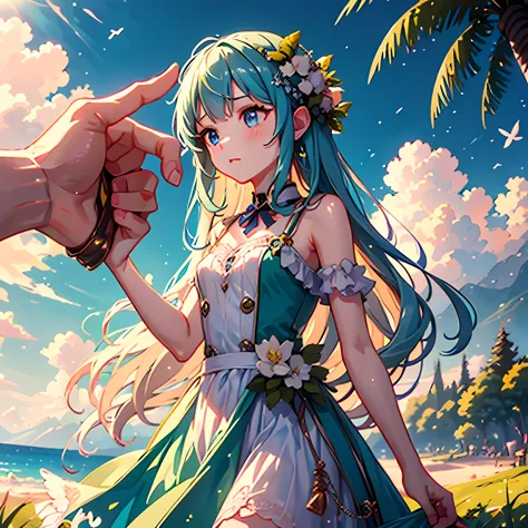 Small fairy girl standing in the palm of a human girl’s hand.