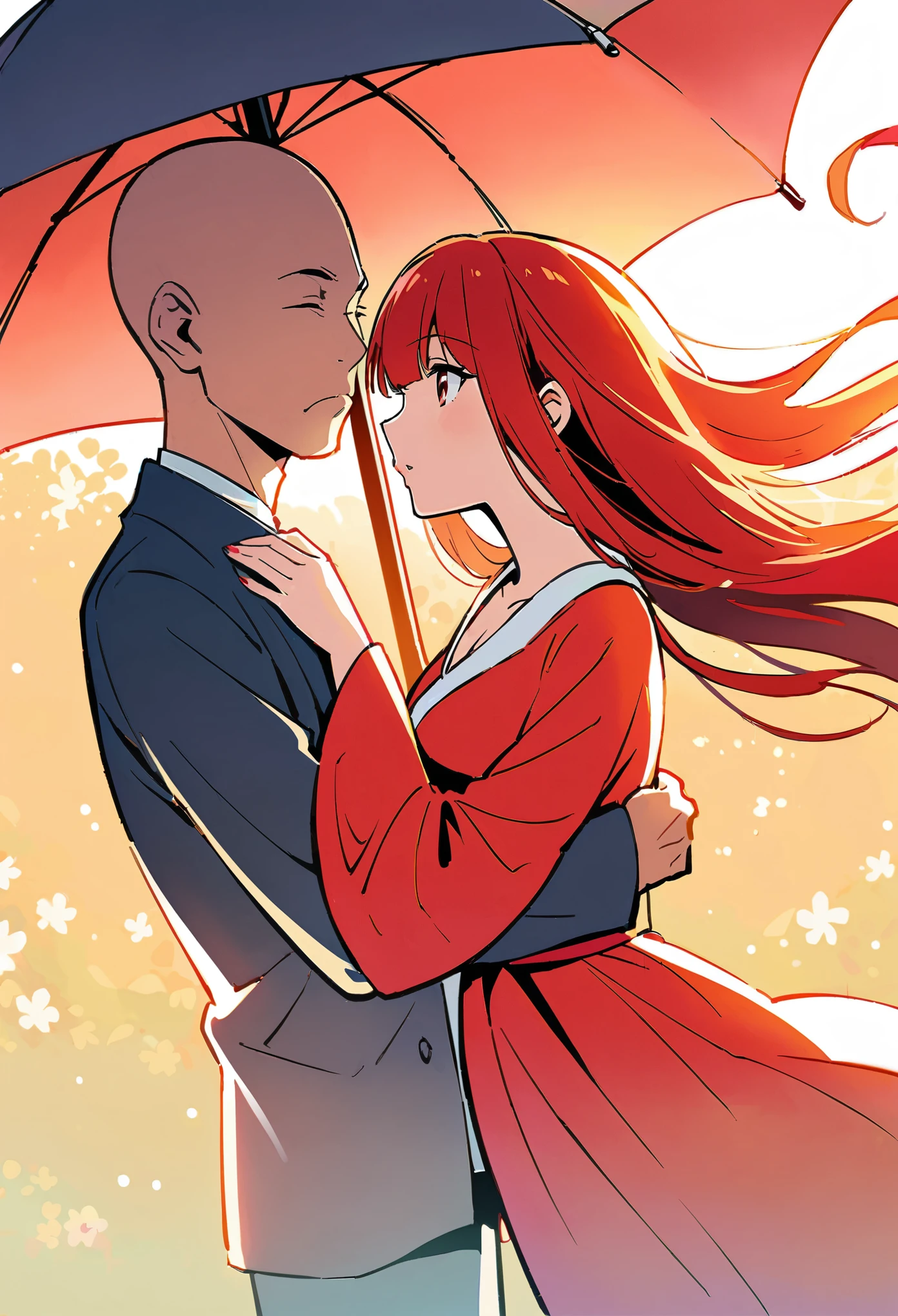 Chinese anime, a bald man and an elegant woman in red dress standing under the umbrella together, white background, in the style of Japanese comics .anime shounen illustration in the style of , an ancient bald man and beautiful woman in red dress stand under the umbrella together, he gently holds her head to his for a kiss, she wears very long hair in buns with bangs covering half of her face, wearing traditional , dreamy romantic atmosphere in full color