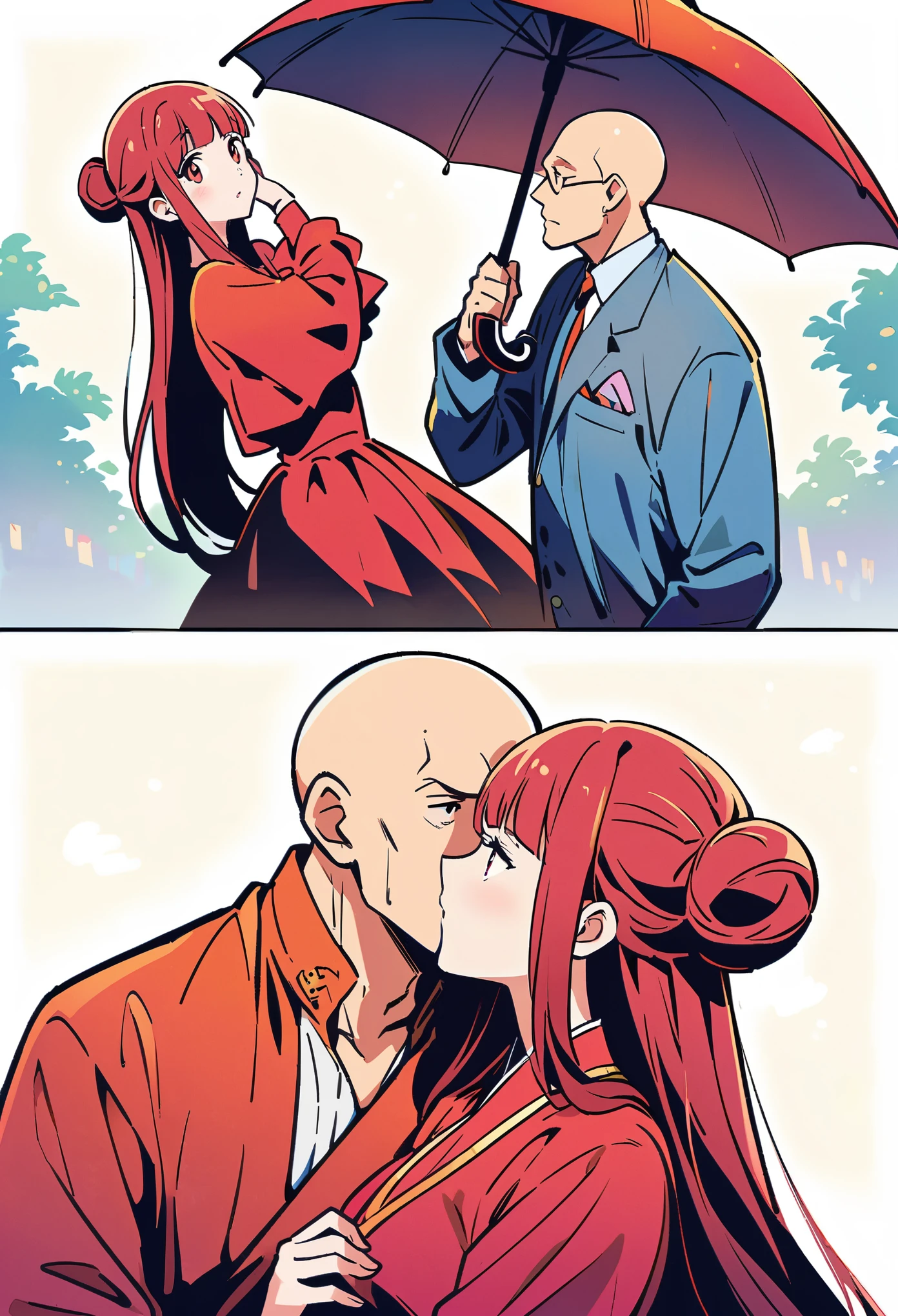 Chinese anime, a bald man and an elegant woman in red dress standing under the umbrella together, white background, in the style of Japanese comics .anime shounen illustration in the style of , an ancient bald man and beautiful woman in red dress stand under the umbrella together, he gently holds her head to his for a kiss, she wears very long hair in buns with bangs covering half of her face, wearing traditional , dreamy romantic atmosphere in full color