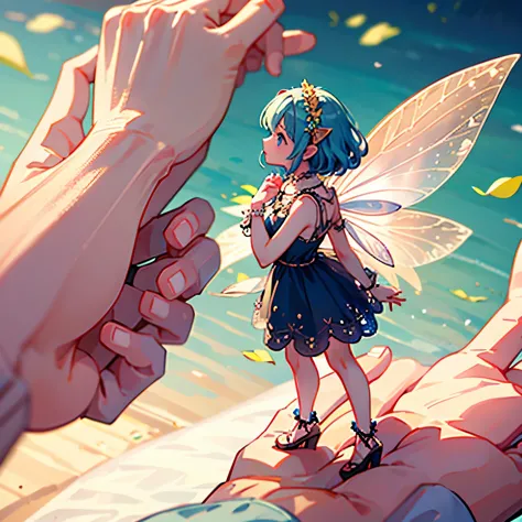 Small fairy girl standing in the palm of a human girl’s hand. Small pretty wings on fairy.