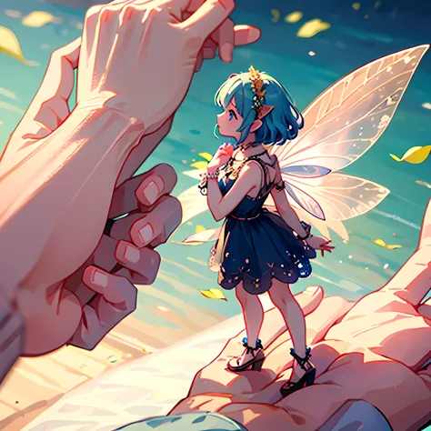 Small fairy girl standing in the palm of a human girl’s hand. Small pretty wings on fairy.