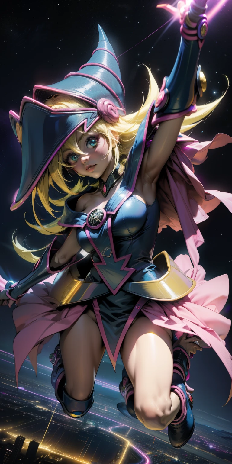 Mujer preciosa dark magician girl ( ciberpunk de neón ), El neón canta, iluminación de neón, RTX chica maga oscura iluminando volando en el aire. Encima de la ciudad a media noches. Luna llena. Cielos de estrellas. Mago oscuro volando