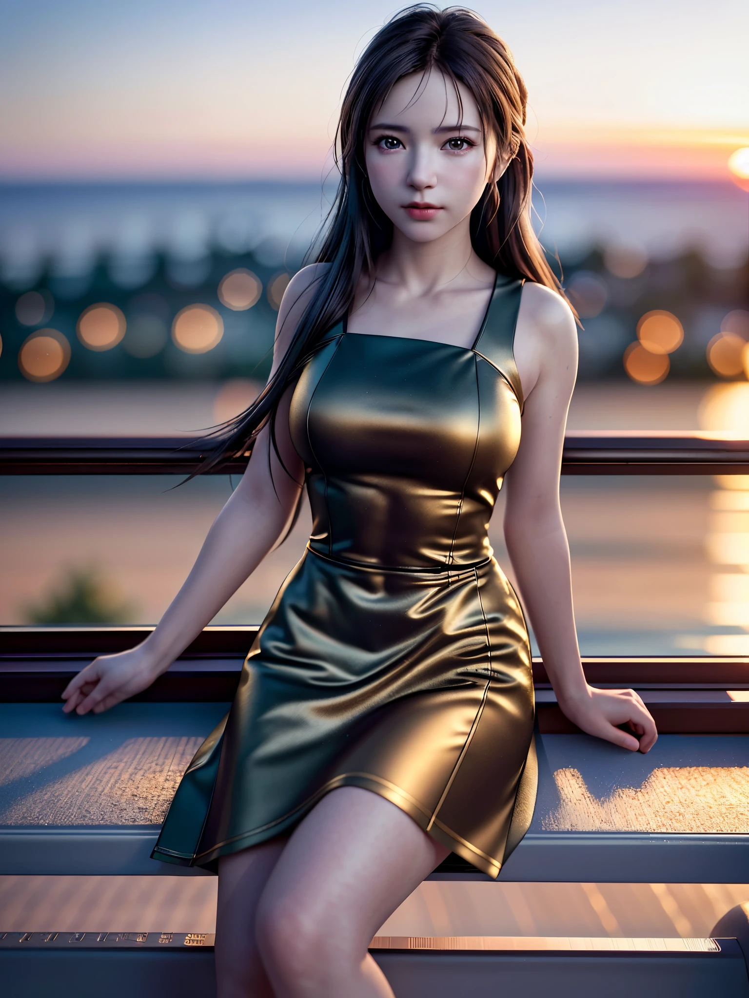 (8K, Raw photo, highest quality, masterpiece:1.2),(realistic, photo-realistic:1.37), ((highest quality)), ultra high resolution,extremely detailed CG unity 8K wallpaper, Physically based rendering,cinematic lighting,full body, (Bokeh:1.4), (1 girl), sit, watch the sunset, warm sunset, beautiful sky, cloudy, airplane trajectory, view from a distance, from below