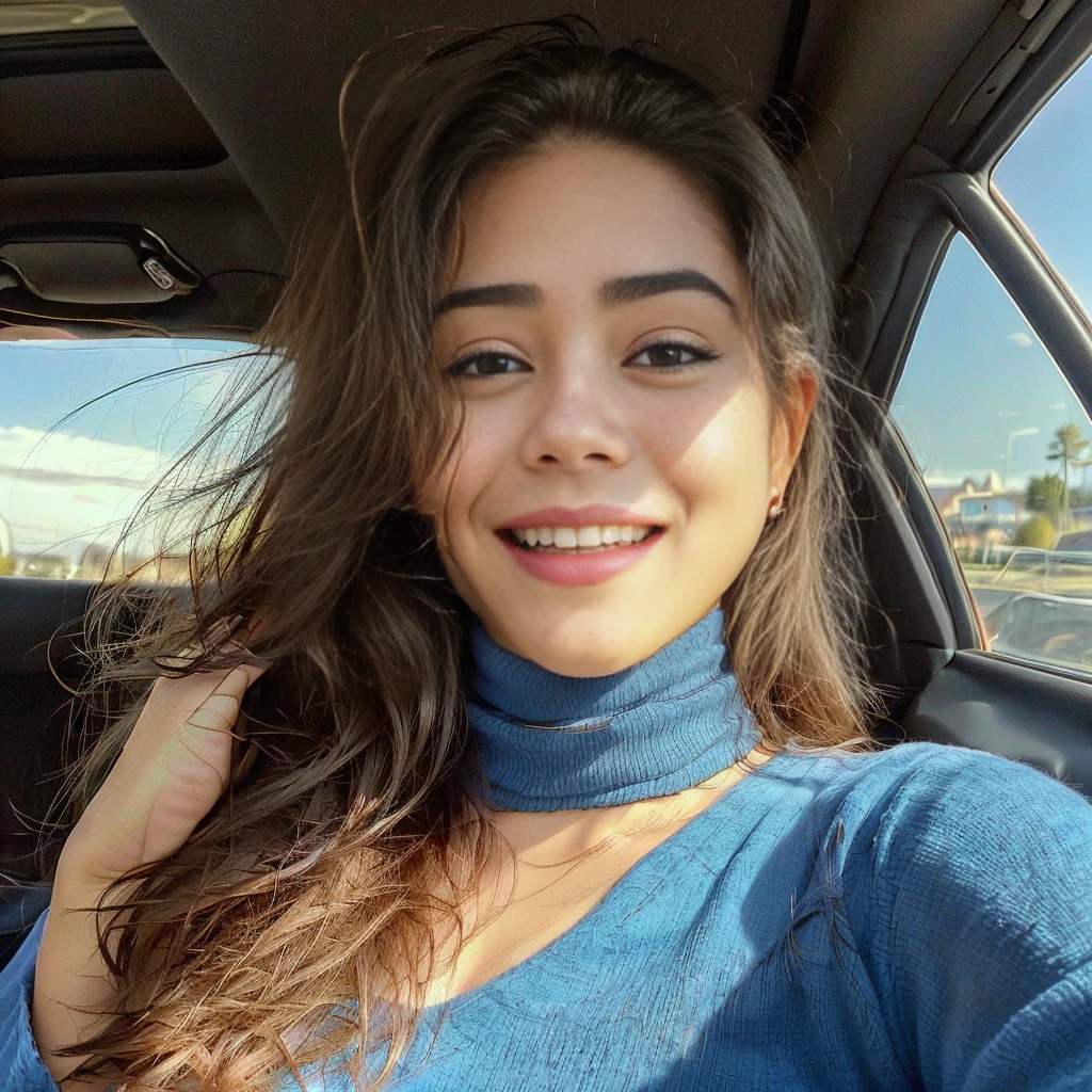 Araffe woman in a blue top sitting in a car, madison beer, sitting in her  car - SeaArt AI