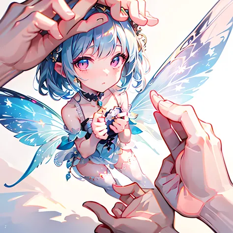 Tiny fairy girl standing in the palm of a human girl’s hand. Small pretty delicate wings on fairy, human face in frame. Small fa...