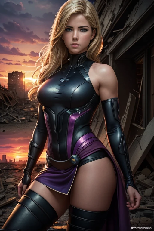 Emily Bett Rickards、allongé、Costume déchiré、je porte une jupe、chef-d&#39;œuvre, 1 fille, マーベルのサイロックとしてBeau女性, X-Men Psylocke Cosplay、costume violet、Des traits fins et délicats, fond futuriste de new york, la science-fiction, blond, Super Héroïne, Héroïque, équilibre parfait, photographier, 超Réaliste, chef-d&#39;œuvre, 8k, appareil photo grand format, objectif 110 mm, dynamic Lumièreing, rim Lumièreing、art officiel, extremely detailed CG 8k wallpaper, perfect Lumièreing, De couleur, brillant_montant_méthode_Lumière, piel brillant, (chef-d&#39;œuvre:1.0), (mieux_qualité:1.0), ultra haute résolution, 4k , Super détaillé, director of photographiery, 8k, HDR, Altas ResoLumièreones, (confus:1.2), portrait kodak 400, grain de film, Arrière-plan flou, (bokeh:1.2), reflet, (vivant_couleur:1.2), プロのphotographier撮影, (Beau_méthode:1.5),More detailed 8k.Moteur irréel:1.4,Hmm,La mieux calidad:1.4, Réaliste:1.4, température de la peau:1.4, chef-d&#39;œuvre:1.8,chef-d&#39;œuvre, mieux calidad,objet Objet], (traits du visage détaillés:1.3),(Ville détruite apocalyptique anti-sédentaire:1.4), (coucher de soleil apocalyptique:1.4)