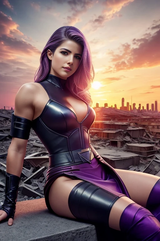 Emily Bett Rickards、lying down、torn suit、I'm wearing a skirt、masterpiece, 1 girl, マーベルのサイロックとしてbeautiful女性, X-Men Psylocke Cosplay、purple suit、Fine and delicate features, futuristic new york background, Science fiction, blonde, super heroine, heroic, perfect balance, photograph, 超realistic, masterpiece, 8k, large format camera, 110mm lens, dynamic lighting, rim lighting、official art, extremely detailed CG 8K wallpaper, perfect lighting, De color, bright_amount_method_light, piel bright, (masterpiece:1.0), (Better_quality:1.0), ultra high resolution, 4k , Super detailed, director of photography, 8K, HDR, Altas Resolightones, (confused:1.2), kodak portrait 400, film grain, blurred background, (Bokeh:1.2), Lens flare, (lively_color:1.2), プロのphotograph撮影, (beautiful_method:1.5),More detailed 8K.unreal engine:1.4,Hmm,La Better calidad:1.4, realistic:1.4, skin temperature:1.4, masterpiece:1.8,masterpiece, Better calidad,object object], (detailed facial features:1.3),(Anti-sedentary apocalyptic destroyed city:1.4), (Apocalyptic Sunset:1.4)