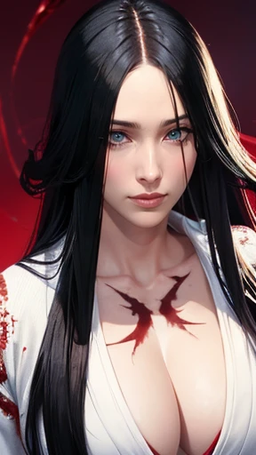 make a beautiful red-haired girl with blue eyes （（（perfect figure，figure，black Japanese clothing,White feather woven, （（（bleach，Scars on the chest, red eyes,unohana））），S-type figure:1.7））），((masterpiece)),high resolution, ((Best quality at best))，masterpiece，quality，Best quality，（（（ Exquisite facial features，looking at the audience,There is light in the eyes，Happy，nterlacing of light and shadow，huge ））），（（（looking into camera，fighting stance，red background，Blood）））