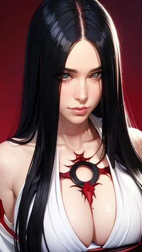 make a beautiful red-haired girl with blue eyes （（（perfect figure，figure，black Japanese clothing,White feather woven, （（（bleach，Scars on the chest, red eyes,unohana））），S-type figure:1.7））），((masterpiece)),high resolution, ((Best quality at best))，masterpiece，quality，Best quality，（（（ Exquisite facial features，looking at the audience,There is light in the eyes，Happy，nterlacing of light and shadow，huge ））），（（（looking into camera，fighting stance，red background，Blood）））