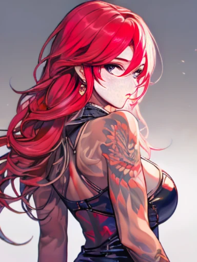 make a beautiful redhead girl with blue eyes best qualtiy,  超A high resolution, detail portrayal, from behind, Beautuful Women, large full breasts, Dragon tattoo all over the back, Fluffy clothes, toned and muscular body,