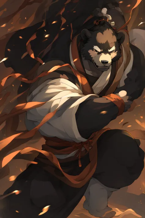 masterpiece，correct，black bear，humanoid，man，fat and strong，brown eyes，Hanfu，fighting stance。