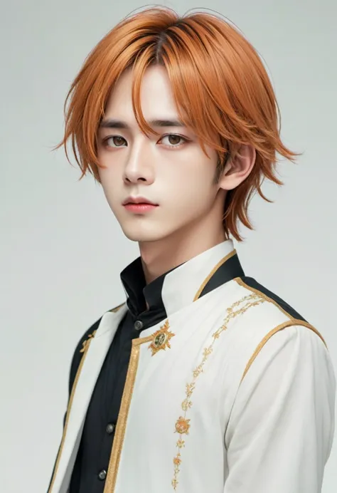 Masterpiece, ultra-detailed, Anime boy, pouty lips, long layered orange hair, light green eyes, white clothes, white prince outf...